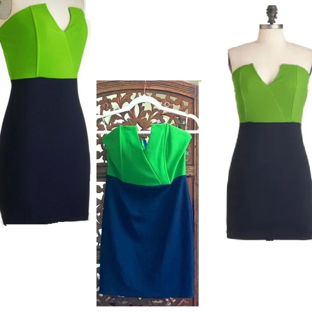 NWOT Trinity Brand Strapeless Bodycon Dress In Navy & Green. Soft Stretch Size M - Picture 3 of 9